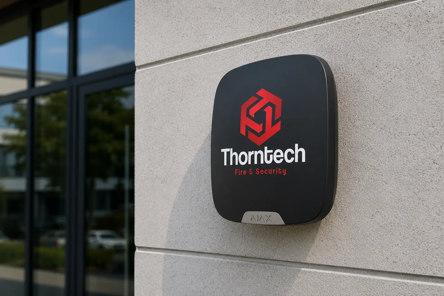 Thorntech-branded alarm sounder mounted on a commercial building