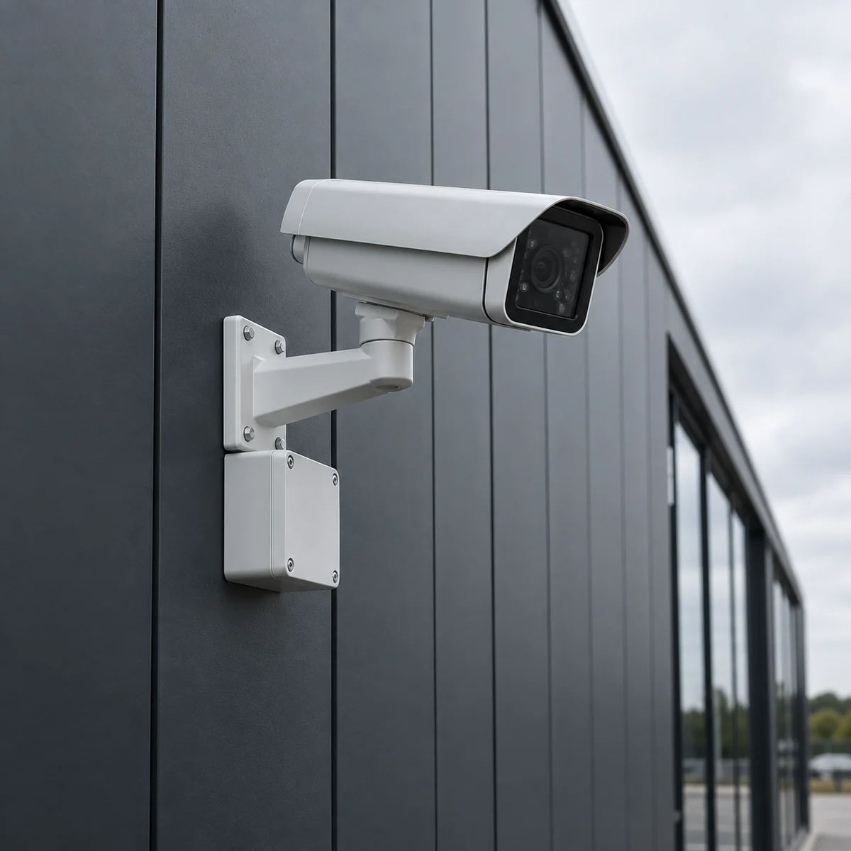 High-specification CCTV camera mounted on the side of a modern commercial building