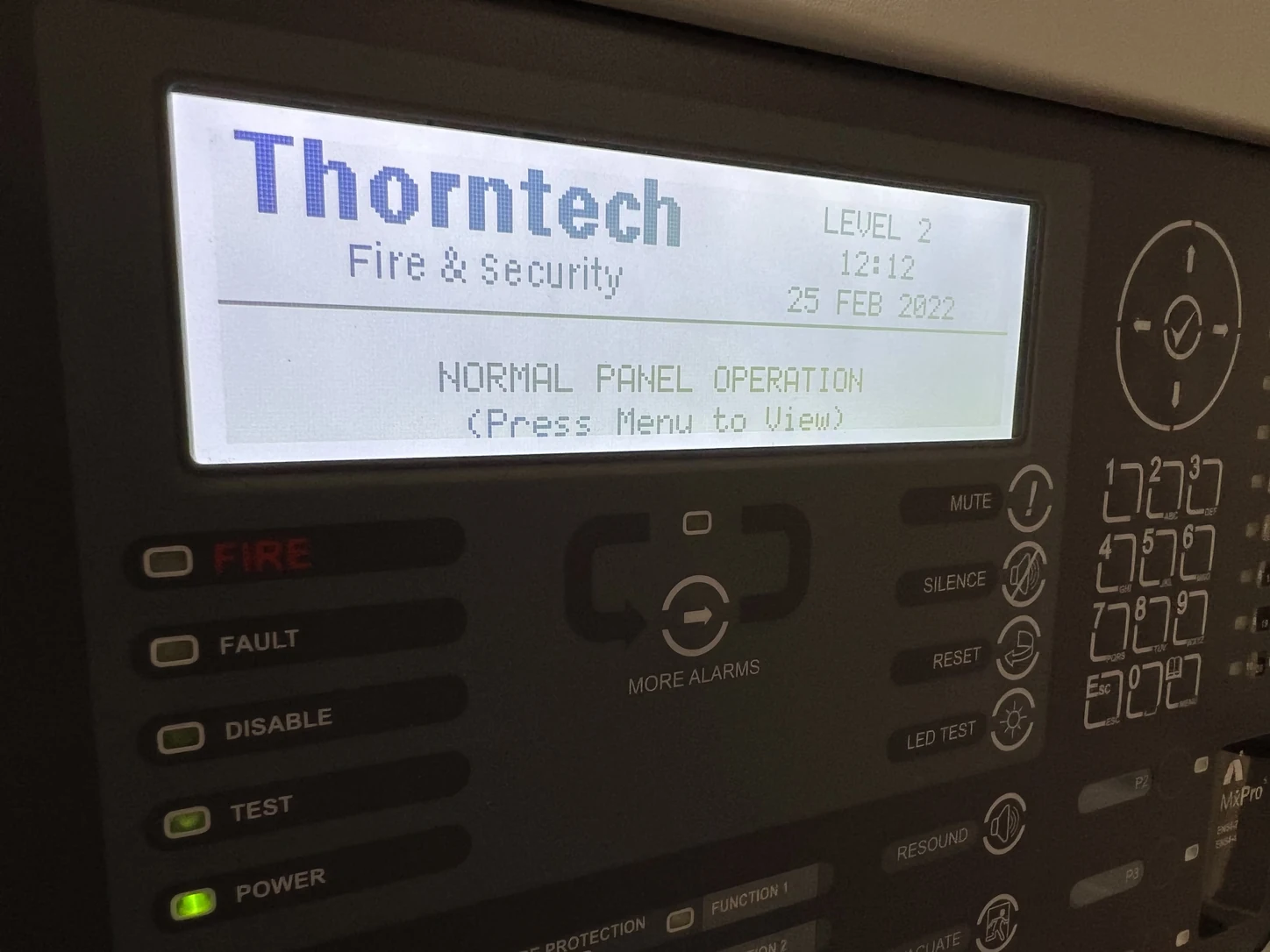 Thorntech fire alarm control panel showing normal panel operation