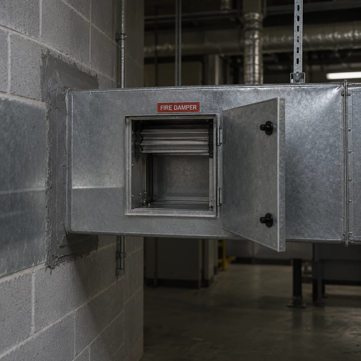 Open access panel in galvanised ventilation ducting showing a fire damper