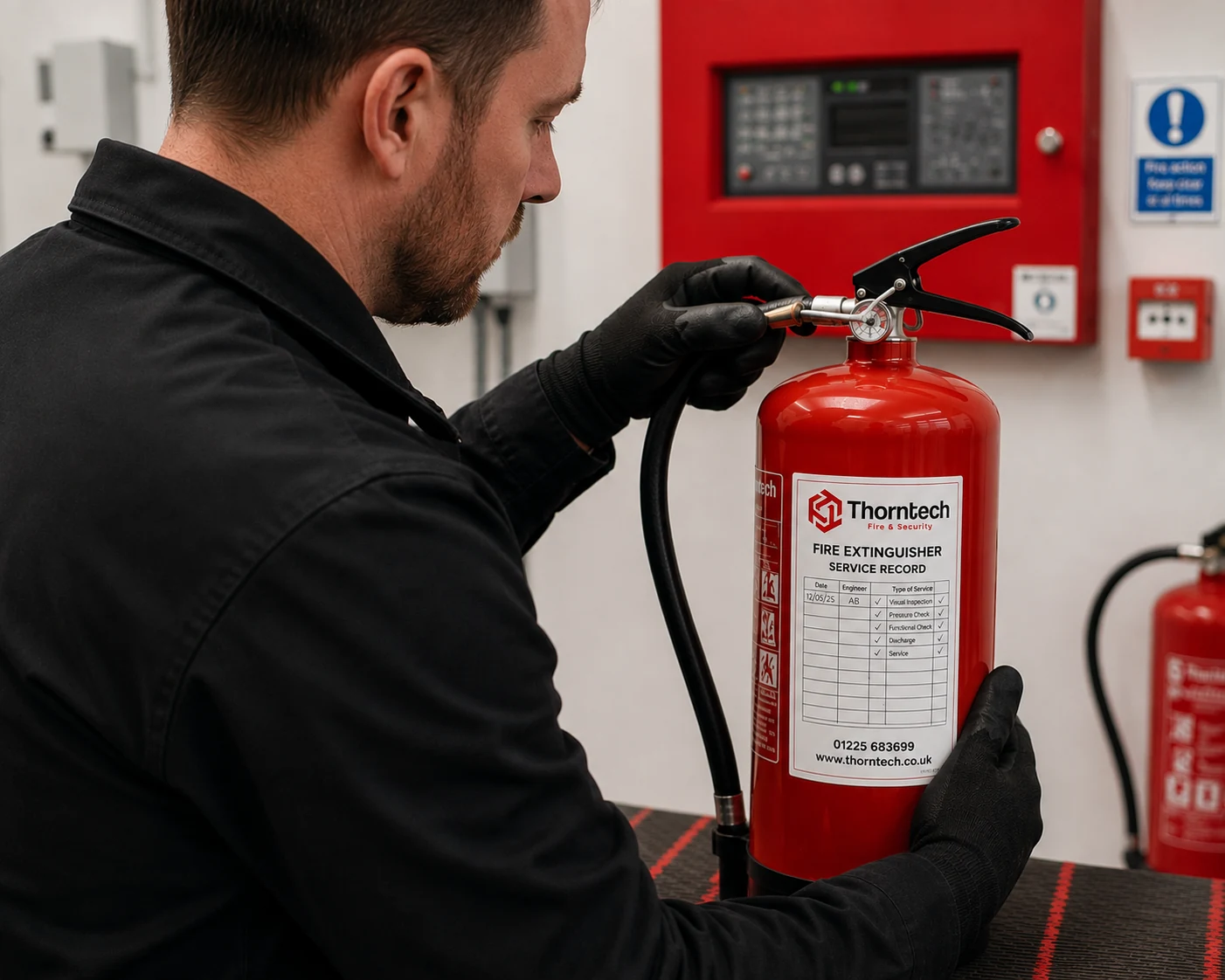 Thorntech engineer carrying out a fire extinguisher service check