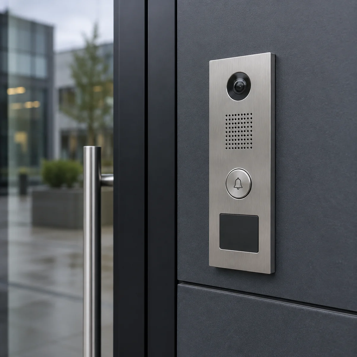 Video intercom entry panel mounted beside the entrance of a commercial building