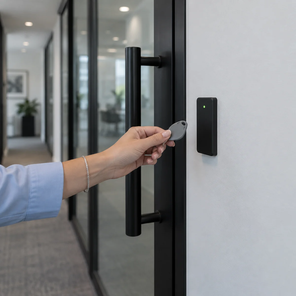 Hand holding a key fob to an access control reader beside a glazed office door
