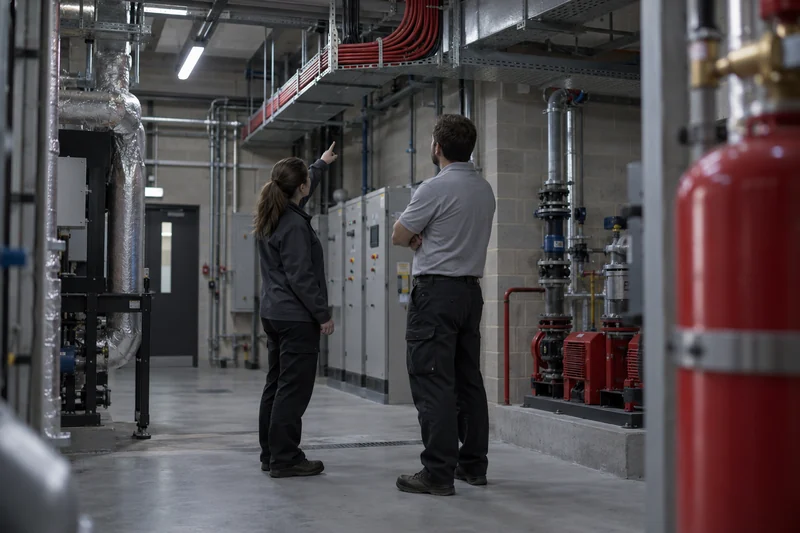 Two engineers in a utility room, one pointing toward the ceiling conduit.