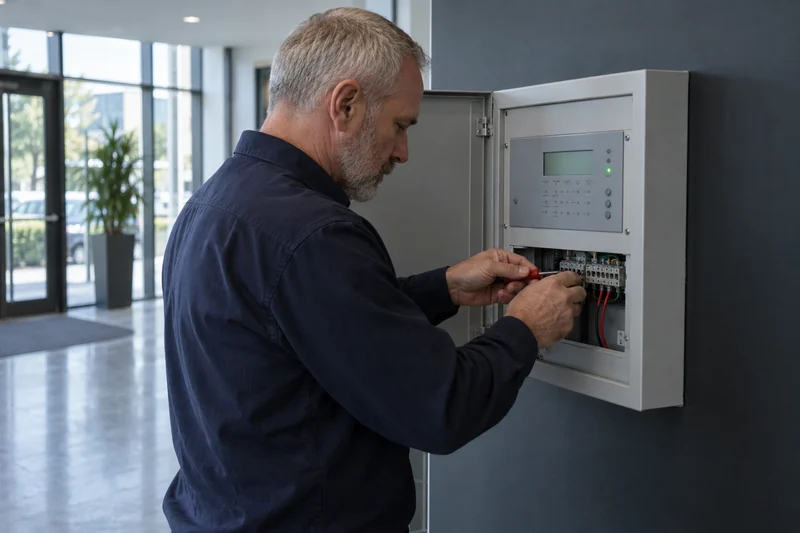 A man using a screwdriver to work on the wiring of an open wall-mounted security panel.
