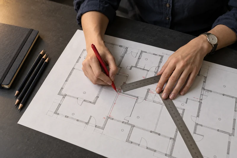 A person uses a red pen and a metal ruler to mark up a floor plan on a desk.